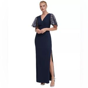 NWT DKNY | Navy Blue VvNeck Sequin Flutter Sleeve Gown 8